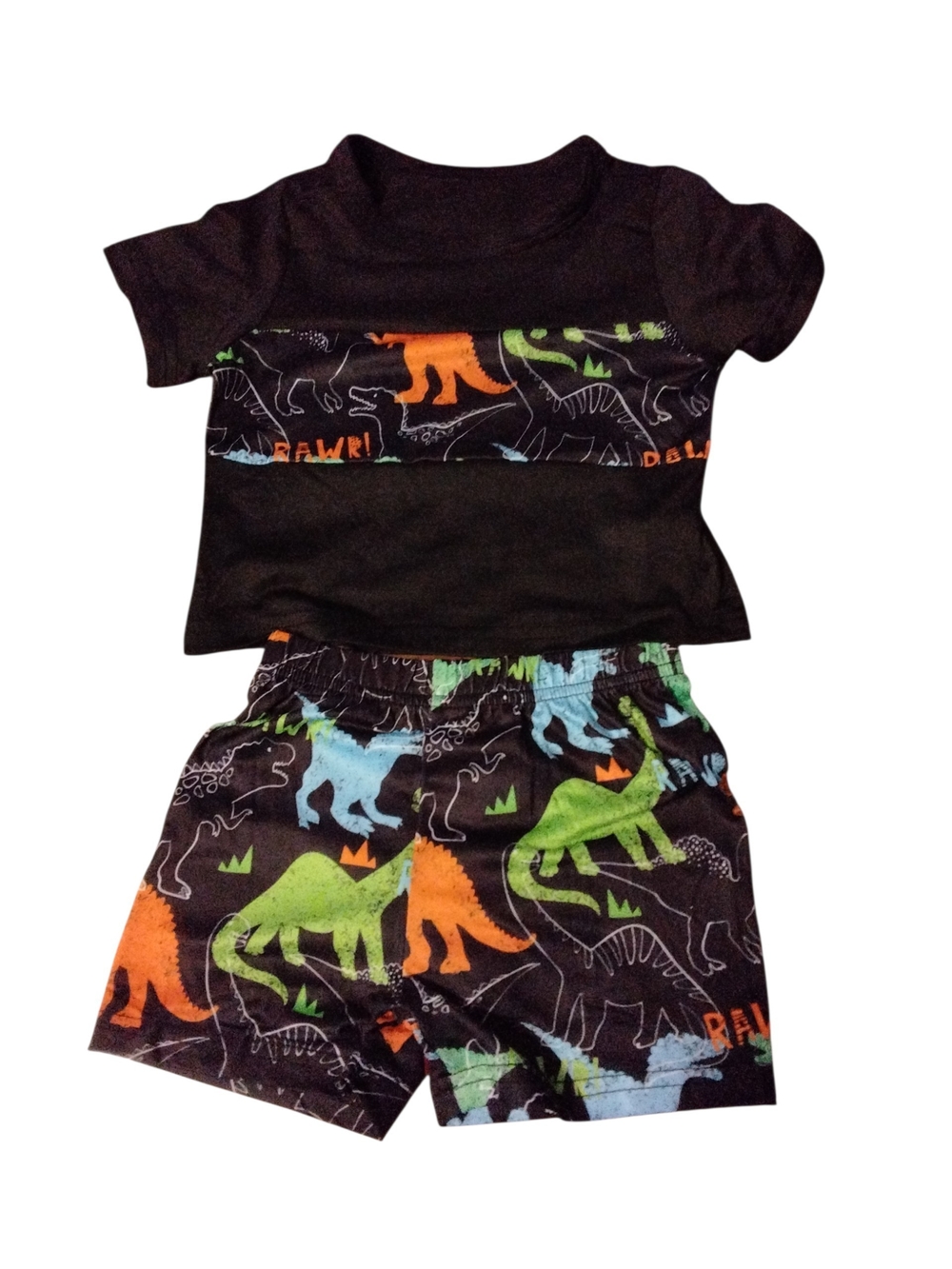 PatPat Black Kids Pajama Set with Green, Orange & Blue Dinosaurs